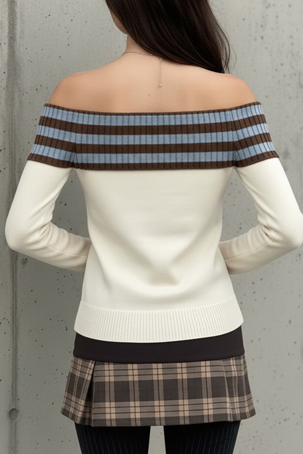 Knit Striped Stars Pattern Off Shoulder Long Sleeve Sweater-Beige