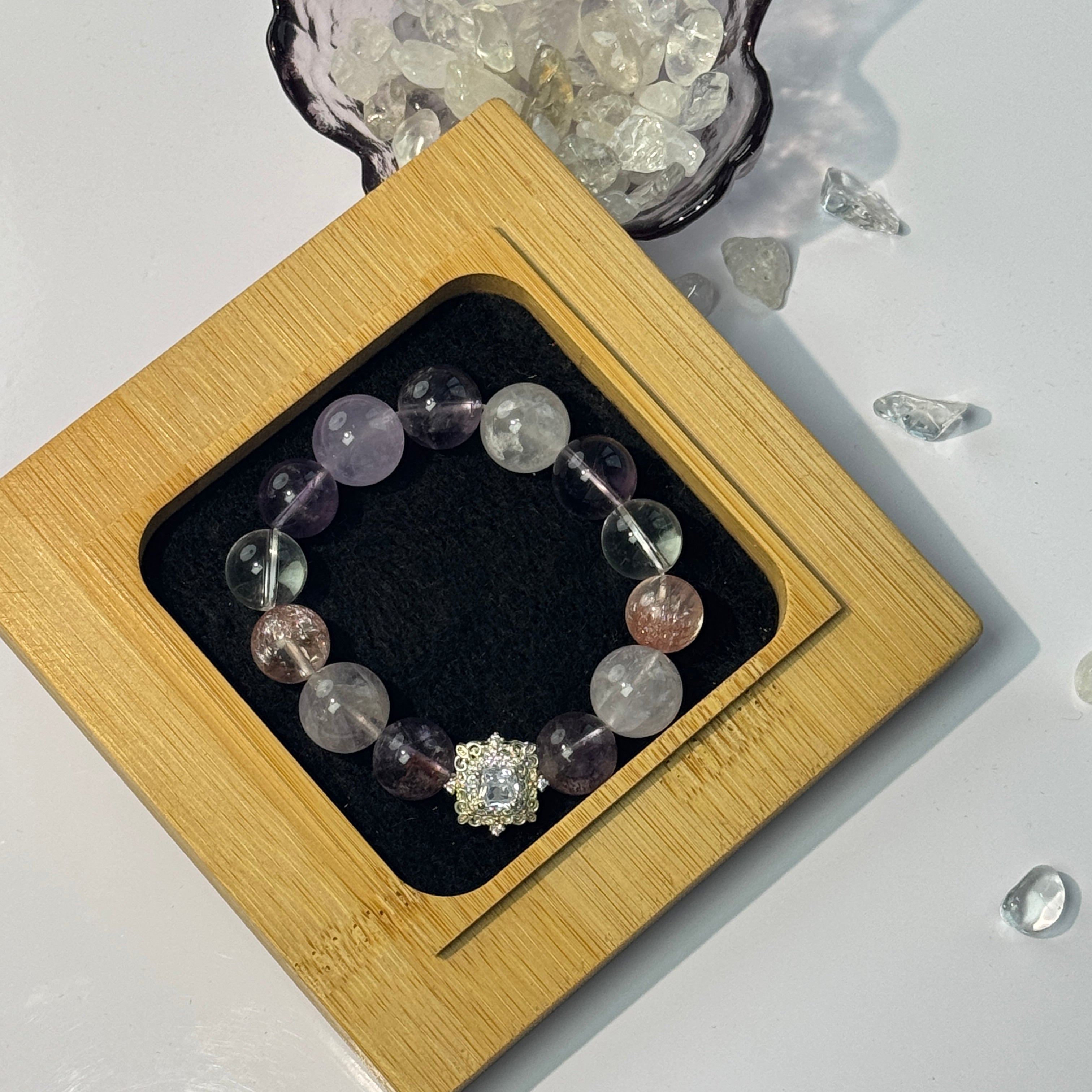 Mixed Purple Crystal Beaded Bracelet, Handmade Natural Stone Bracelet with Zircon Sun Charm