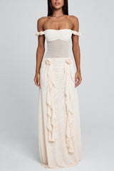 Off Shoulder Mesh Patchwork Rosette Ruffle Maxi Dresses-Beige Pre Order