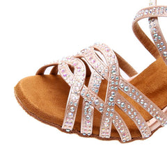 Women's Pink Customized Heel Satin Rhinestones Strappy Dance Shoes