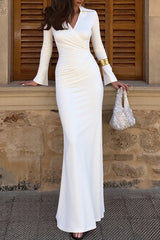 V Neck Long Sleeve Ruched Solid Color Slim Fit Maxi Dresses-White