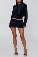 Button Up Long Sleeve Jacket Shorts Faux Fur 2pcs Set-Black Pre Order