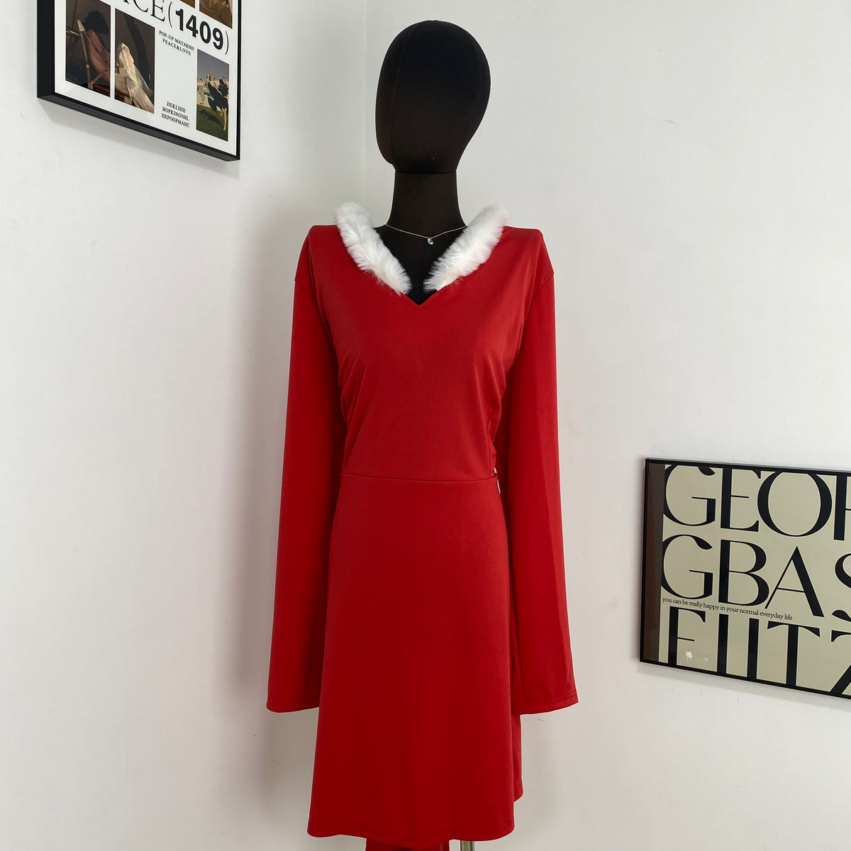 Fur-Trimmed V-Neck Dress