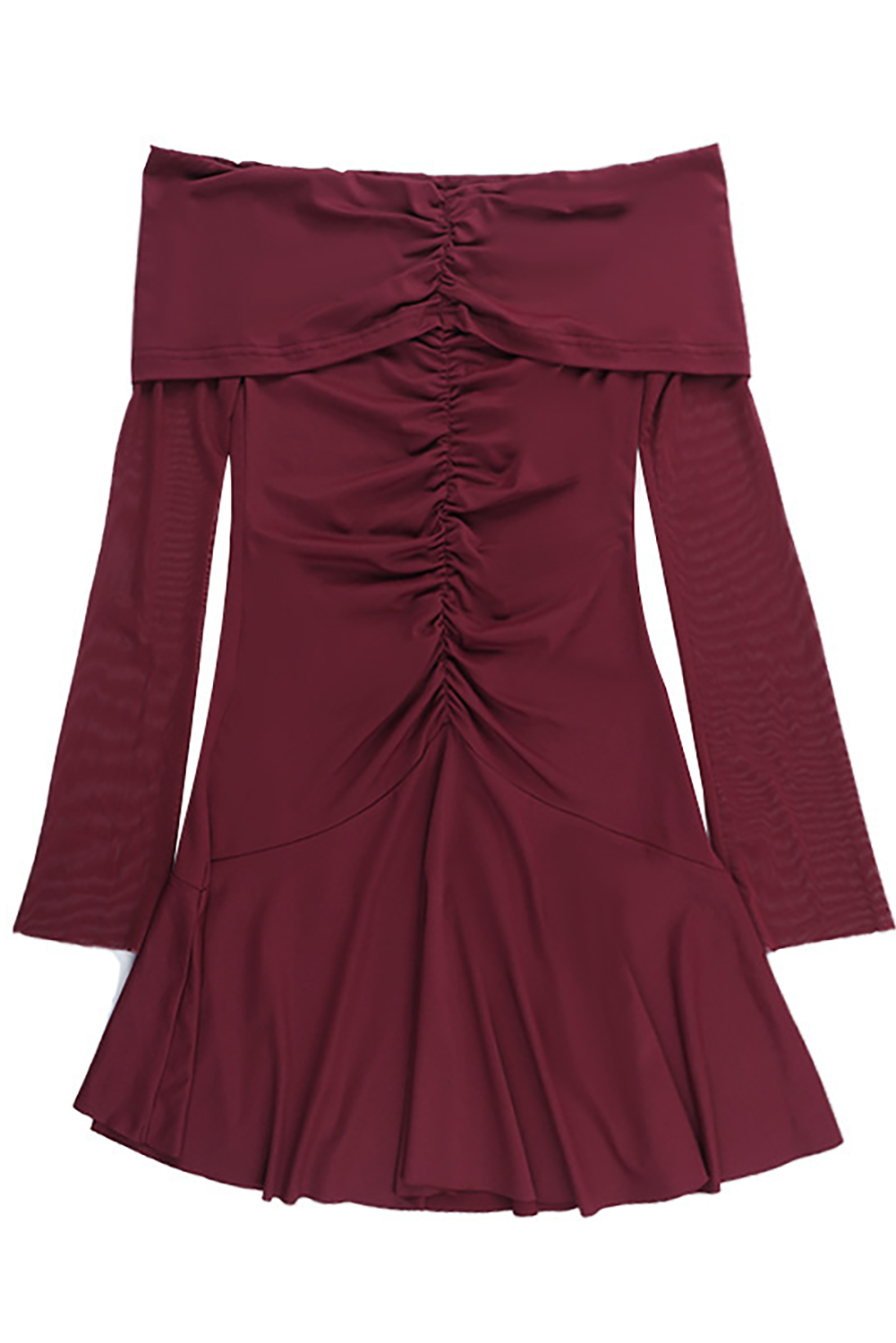 Off Shoulder Boat Neck Long Sleeve Ruched Mini Dresses-Burgundy