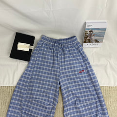 Retro Blue Curved-Leg Plaid Trousers