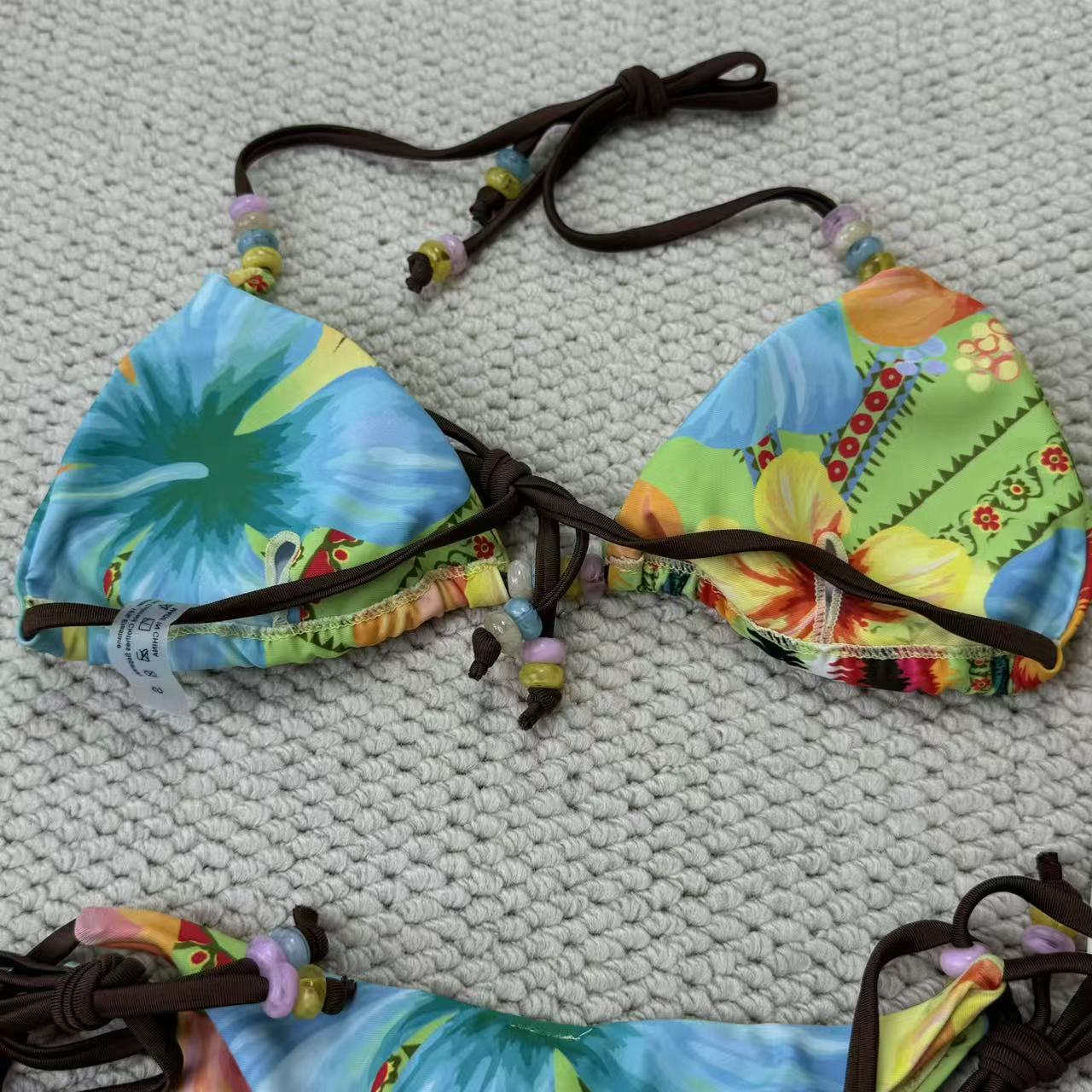 Tropical flower print beaded strapless bikini