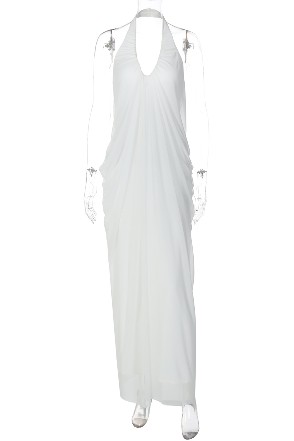 Deep V Neck Halter Ruched Solid Color Maxi Dresses-White