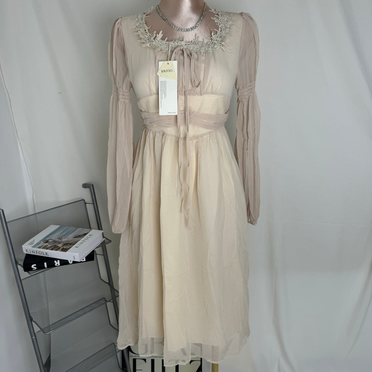 Square-Neck Long-Sleeve Chiffon Dress