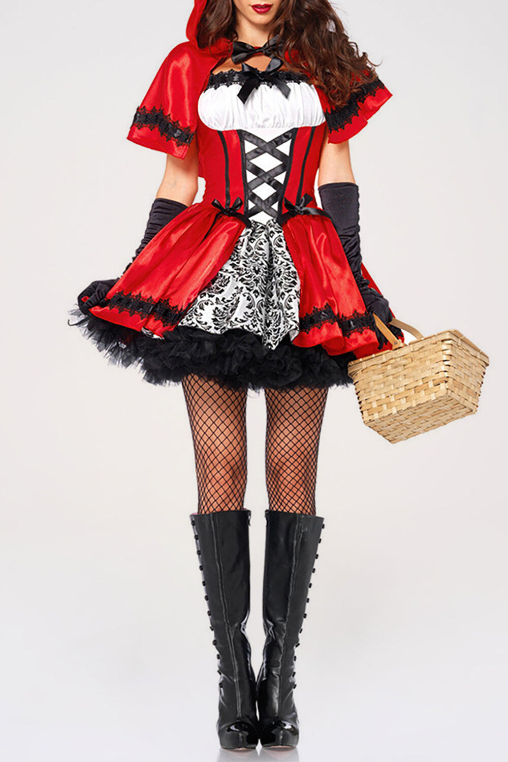 Lace Up Cinch Waist Colorblock Mini Dresses Hooded Shawl Halloween Set-Red