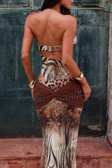 Animal Print Chain Halter Bodysuit Maxi Skirt 2pcs Set-Brown Pre Order