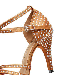 Women's Bronze Satin Rhinestones Customized Heel Latin Dance Shoes