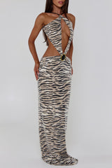 Sequin Tiger Print Keyhole Neck Cutout Party Maxi Dresses-Beige Pre Order