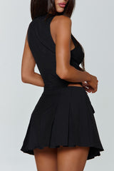 Sleeveless Keyhole Neck Cutout Pleated Party Mini Dresses-Black Pre Order