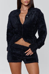 Button Up Long Sleeve Jacket Shorts Faux Fur 2pcs Set-Black Pre Order