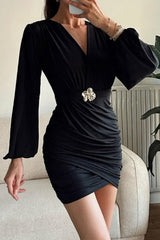 V Neck Lantern Sleeve Metal Flower Decor Ruched Bodycon Mini Dresses-Burgundy