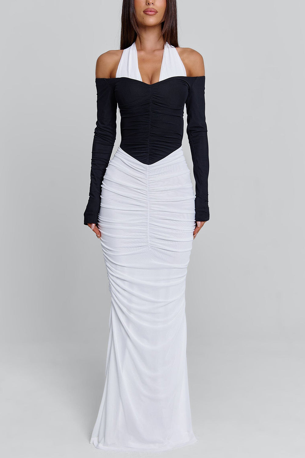 Halter Cinch Waist Ruched Bodycon Party Maxi Dresses-White Pre Order