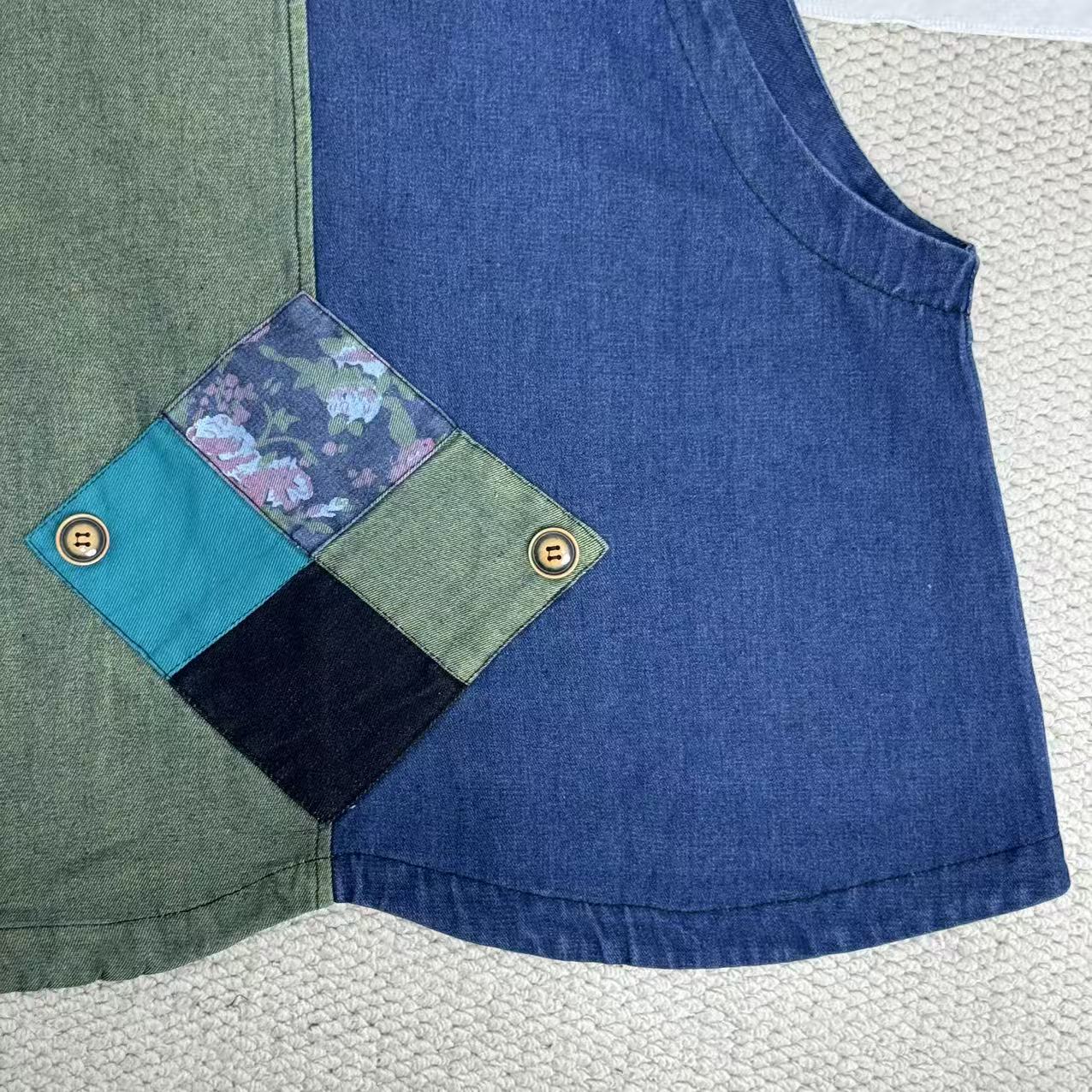 Retro Print Patchwork Denim Vest