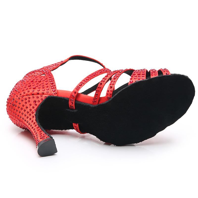 Women's Red Customized Heel Open Toe Strappy Dance Shoes with Crystals