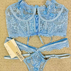 Lace bra with sequins and 3D small flower set