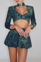Tie-Dye Cut Out Crop Top Bubble Shorts 2pcs Set-Green Pre Order