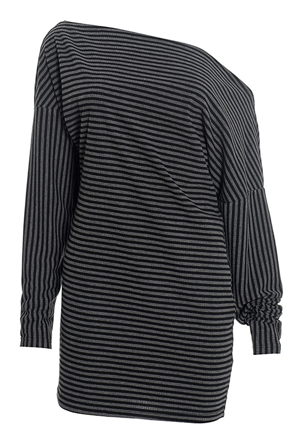 Striped Knit Off Shoulder Long Sleeve Slim Fit Casual Mini Dresses-Grey
