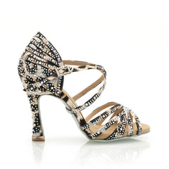 Women's Leopard 9cm Heel Strappy Satin Rhinestones Sandal Latin Dance Shoes