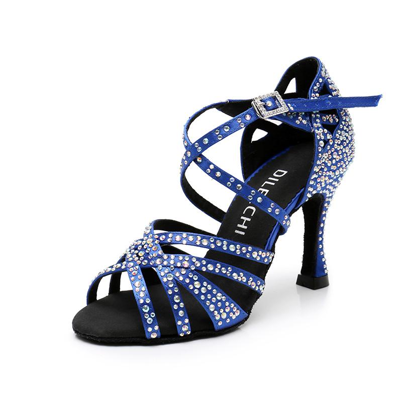 Women's Blue Black Satin & Rhinestones Sandal Customized Heel Latin Dance Heels