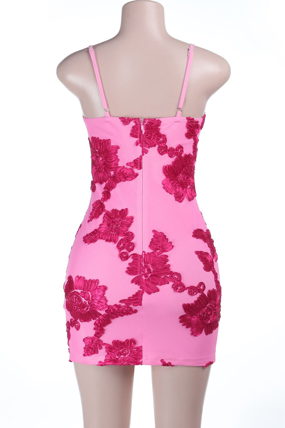 Floral Appliques Spaghetti Strap Bodycon Mini Dresses-Pink