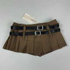 Double belt half-length pleated A-line mini skirt
