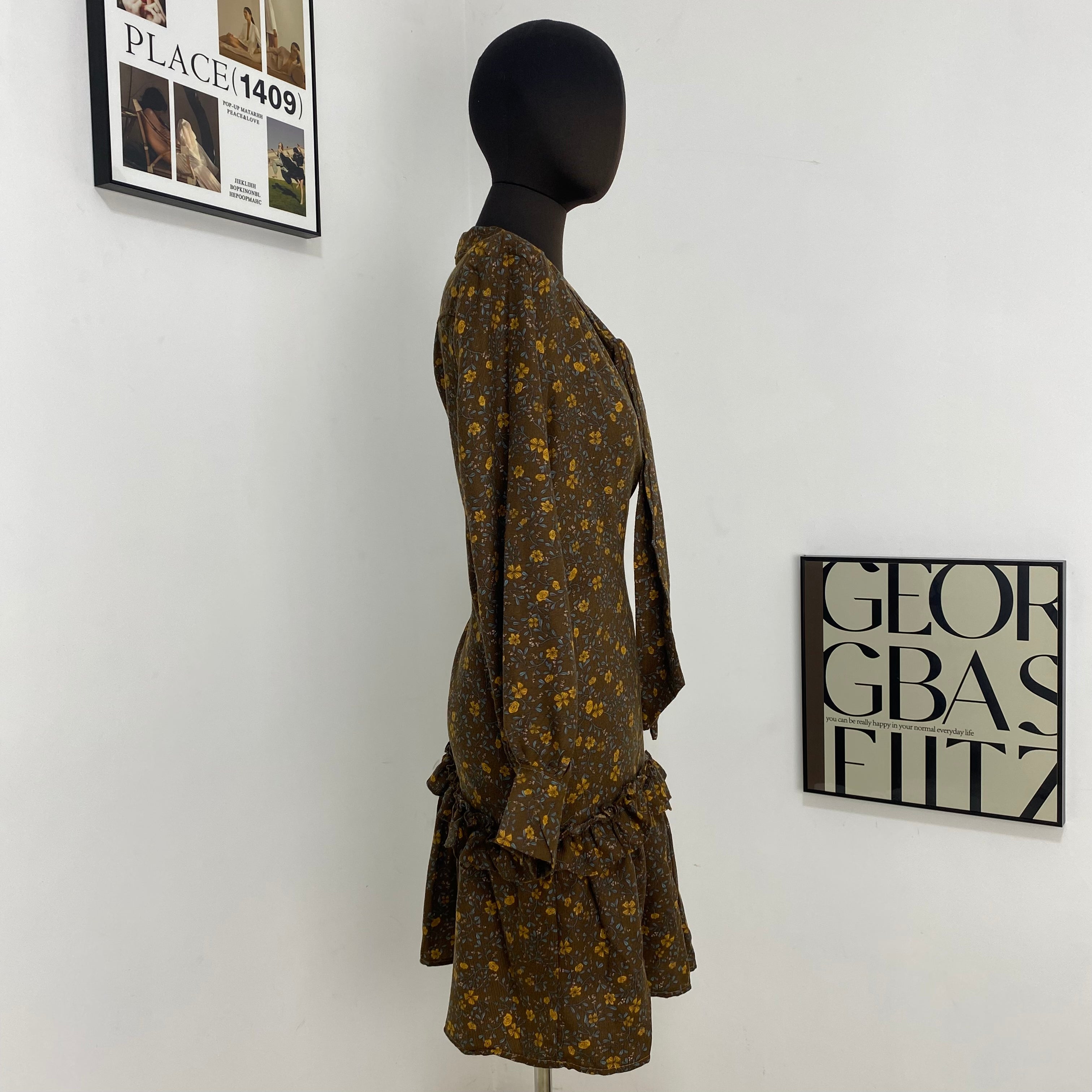 Brown Lace-Up Floral Dress