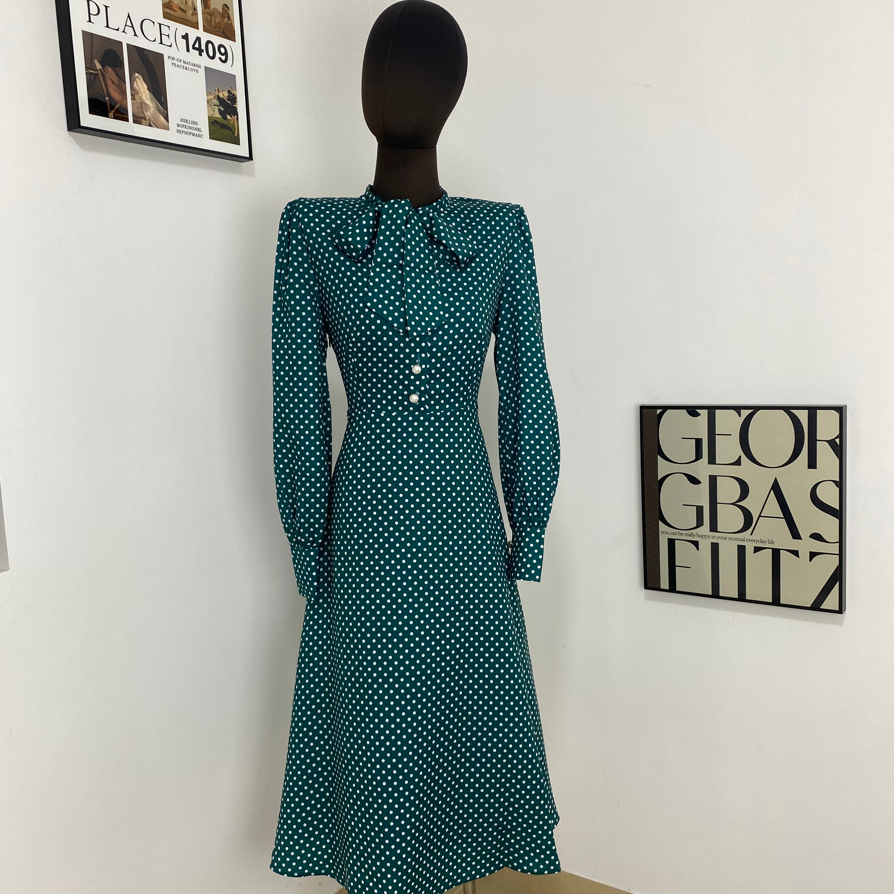Green Polka Dot Single Breasted Dress