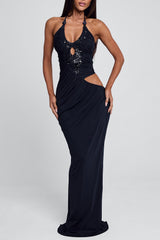 Sequin Patchwork Halter Cutout Slim-Fit Maxi Dresses-Black Pre Order