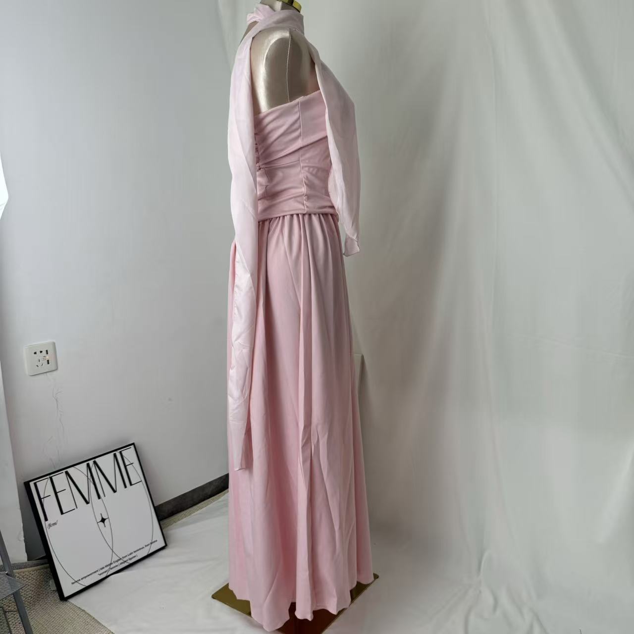 Pink-belted strapless dress