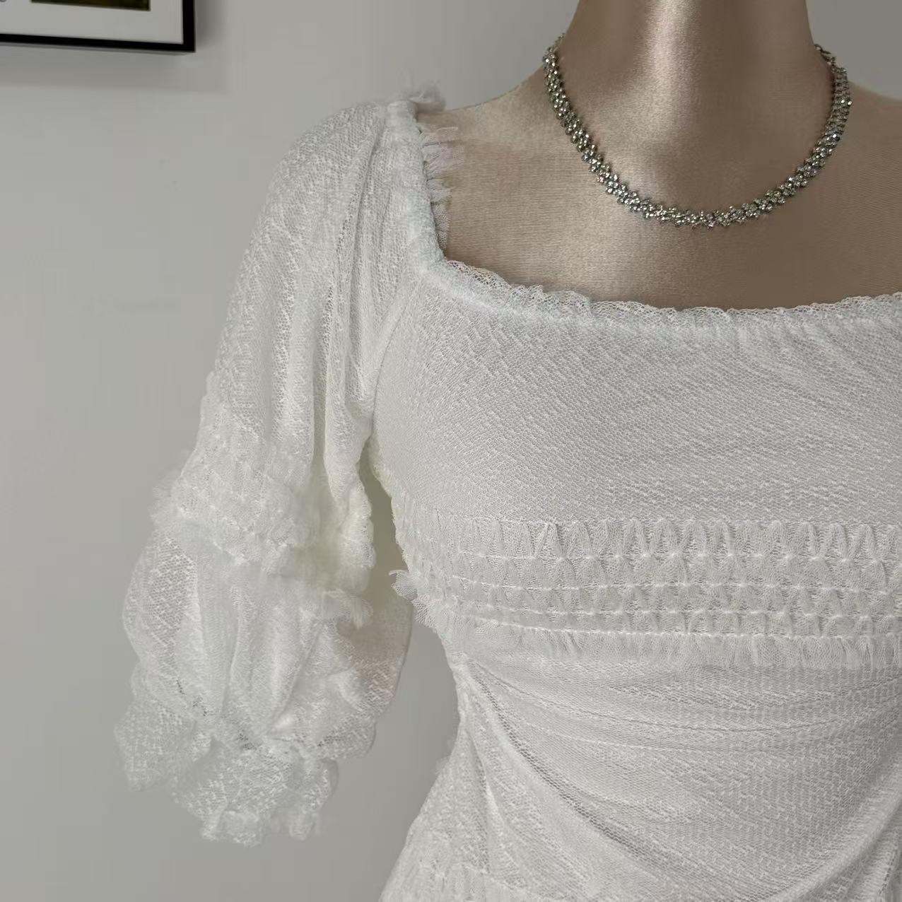 White Lantern Sleeve Suspender Dress