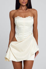 Strapless Lace Cut Out Ruffle Trim Slim Fit Mini Dresses-White Pre Order