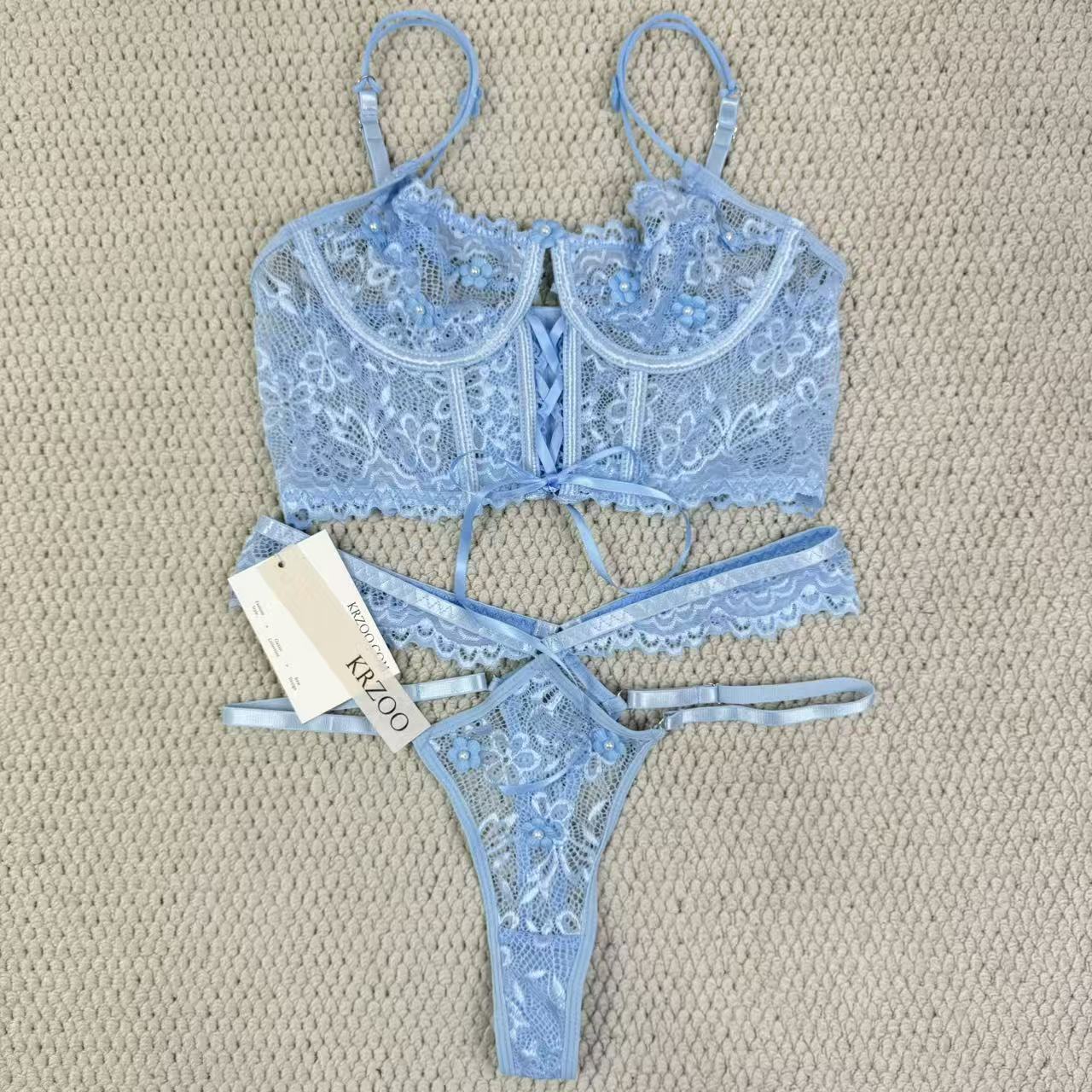 Lace bra with sequins and 3D small flower set