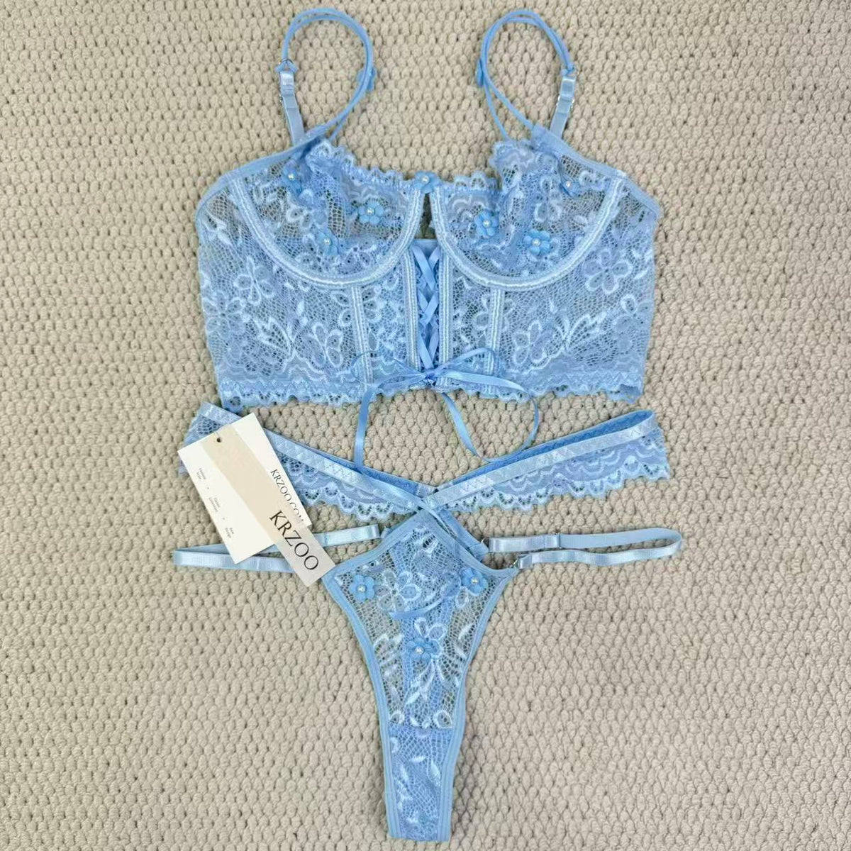 Lace bra with sequins and 3D small flower set