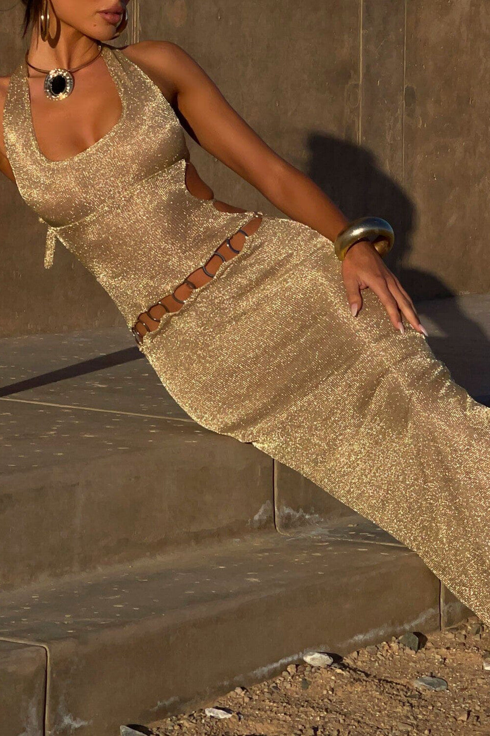 Shimmering Knit Halter O Ring Patchwork Maxi Dresses Gold