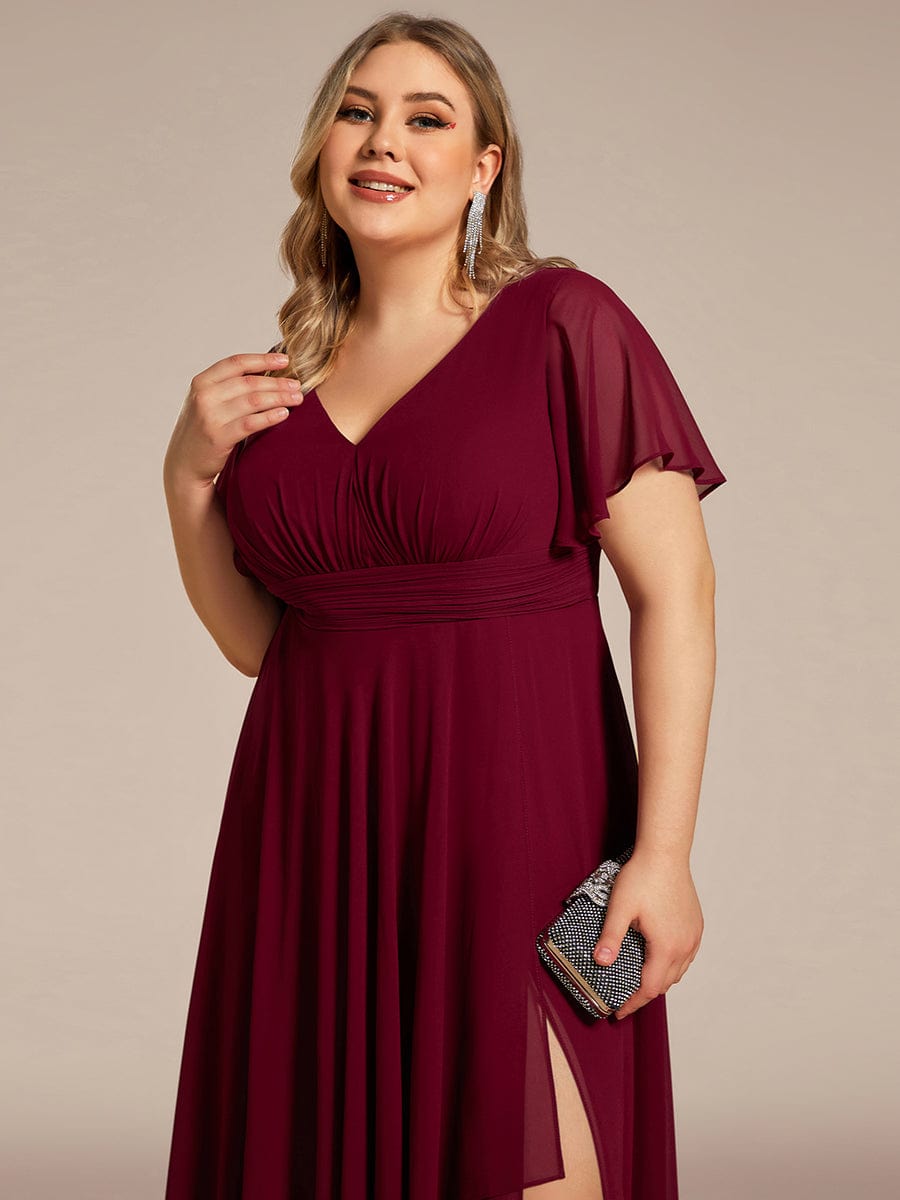 Chiffon Evening Dress with Ruffles Sleeve and Lotus Leaf High Slit