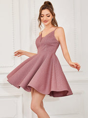 Shiny Deep V Neck Knee Length Prom Dress