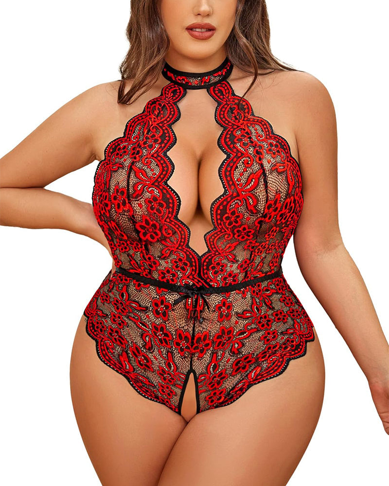 Plus Size Lace Teddy â€?Halter Crotchless Bodysuit for Curves