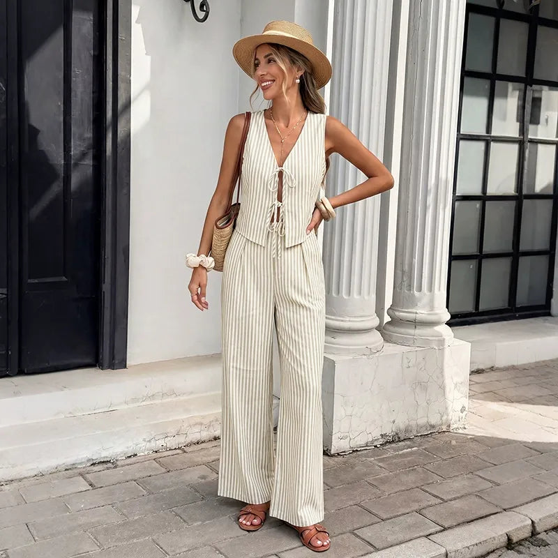 Striped V-Neck Tie-Front Vest And Wide-Leg Trousers Set