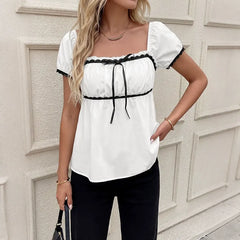 Square-Neck Short-Sleeve Top With Lace Detailing