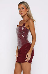 Lace Patchwork Rhinestone Bodycon Backless Slip Mini Dresses Red