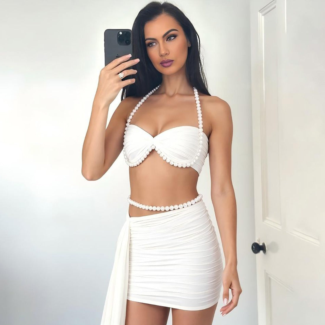 Sequin Cutout Ruched Bodycon Crochet Halter Mini Dresses OffWhite