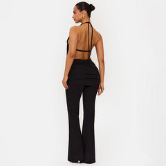 Halter Open Front Backless Top Cutout Pants 2pcs Set Black