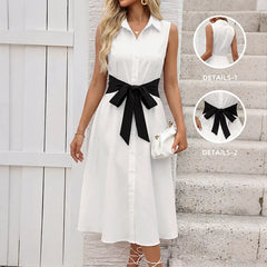 Sleeveless Dress with Contrast-Color Bow Tie