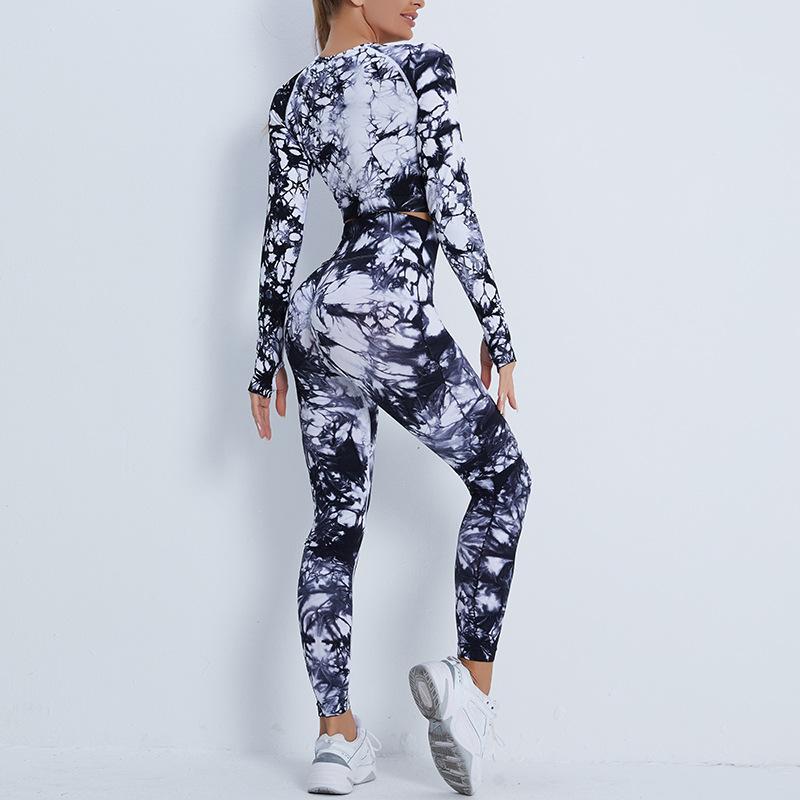 Women's Tie-Dye Long Sleeve Stretch Yoga Tights Fitness Sets
