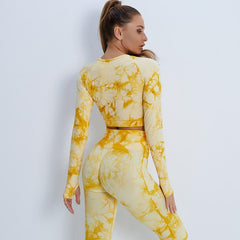Women's Tie-Dye Long Sleeve Stretch Yoga Tights Fitness Sets