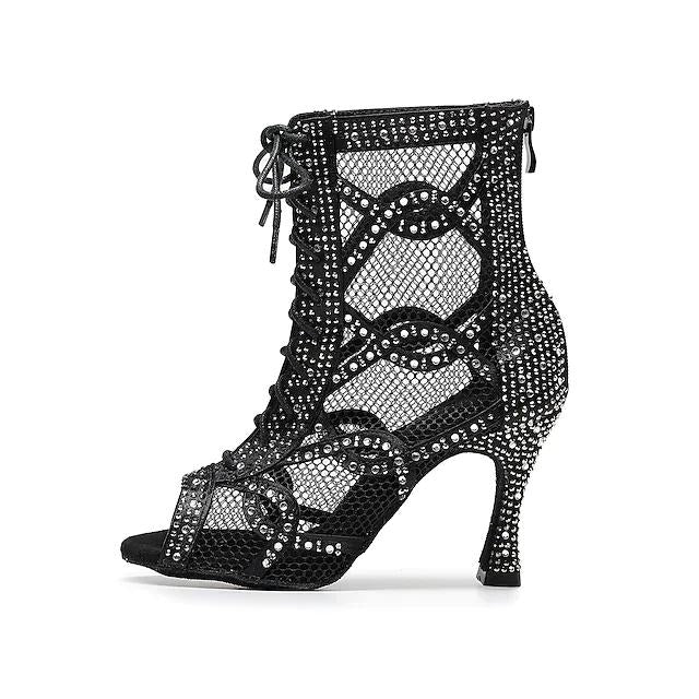 Women's Satin Black Customized Heels Dance Boots JazSalsa Dancing Shoes
